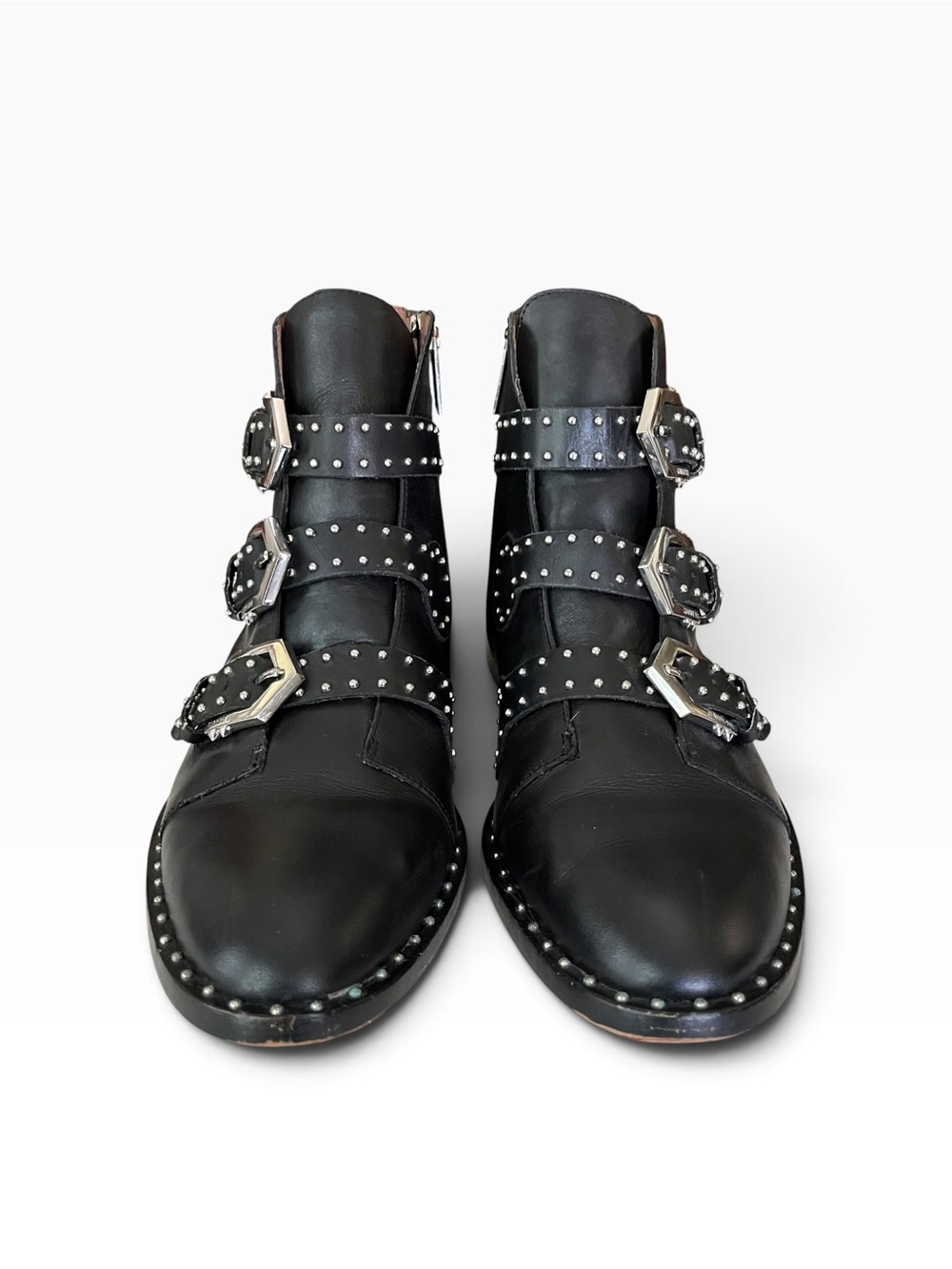 Gianni Bini Leather Akle Boots Women Size 9.5 Black Silver Studded Triple Buckle